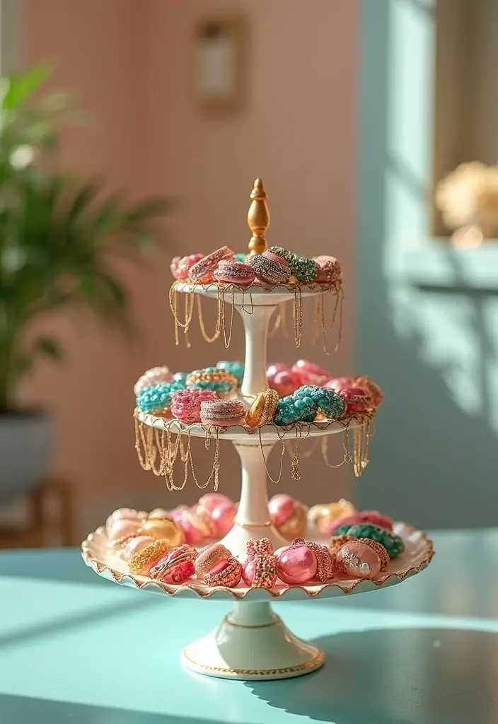 26 DIY Jewelry Box Ideas That Organize And Showcase Jewelry - 9. Multi-Tiered Cake Stand Display