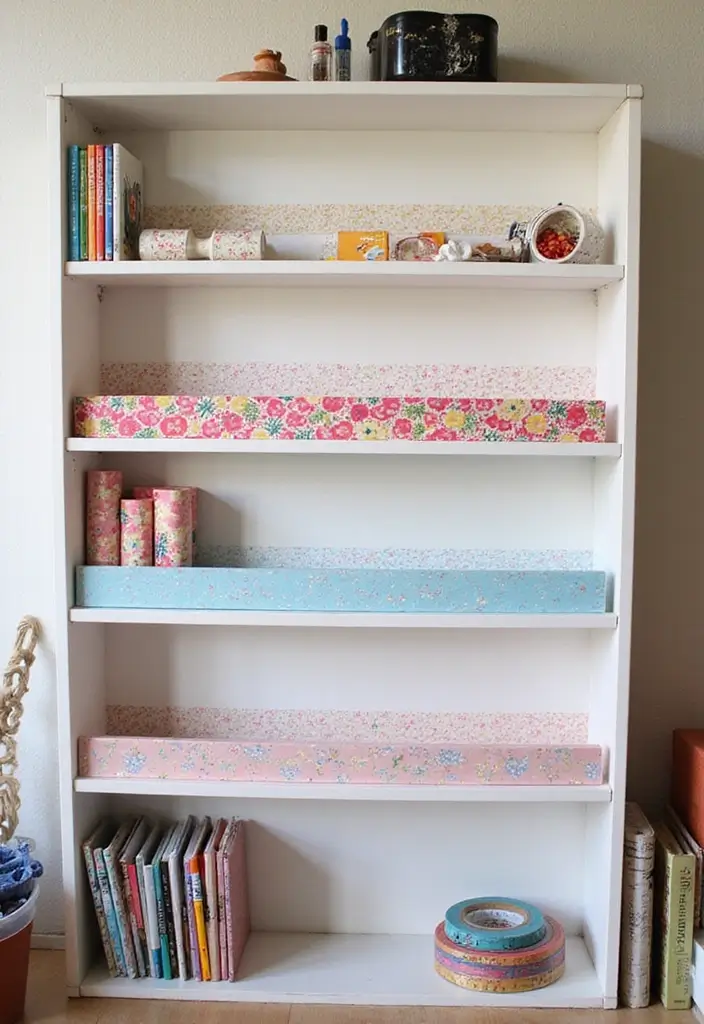26 DIY Shelf Painting Ideas That Upgrade Your Space in Minutes - 13. Whimsical Washi Tape