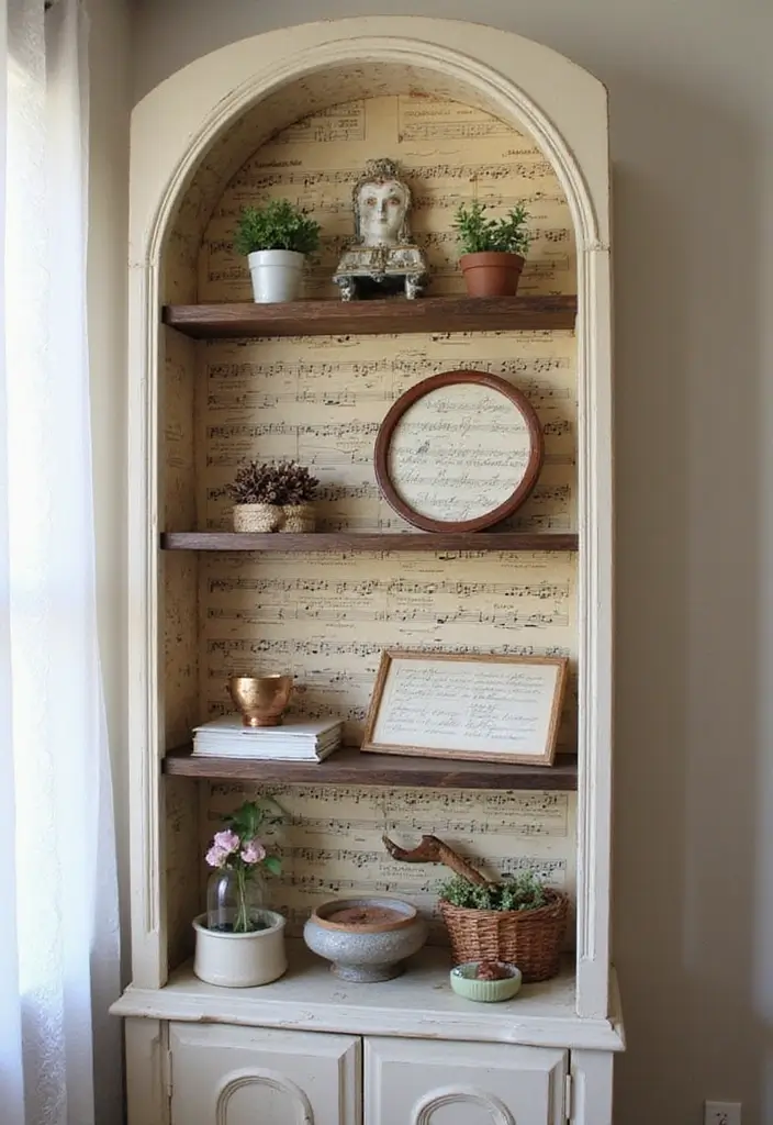 26 DIY Shelf Painting Ideas That Upgrade Your Space in Minutes - 17. Upcycled Music Sheet Patterns