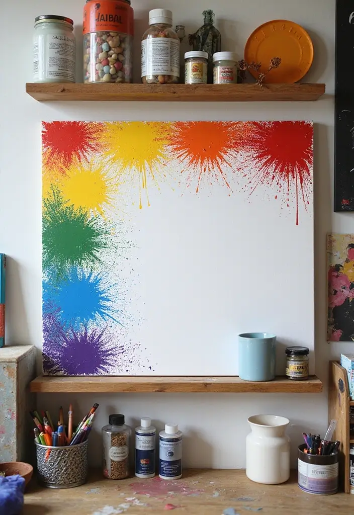 26 DIY Shelf Painting Ideas That Upgrade Your Space in Minutes - 19. Artistic Splatter