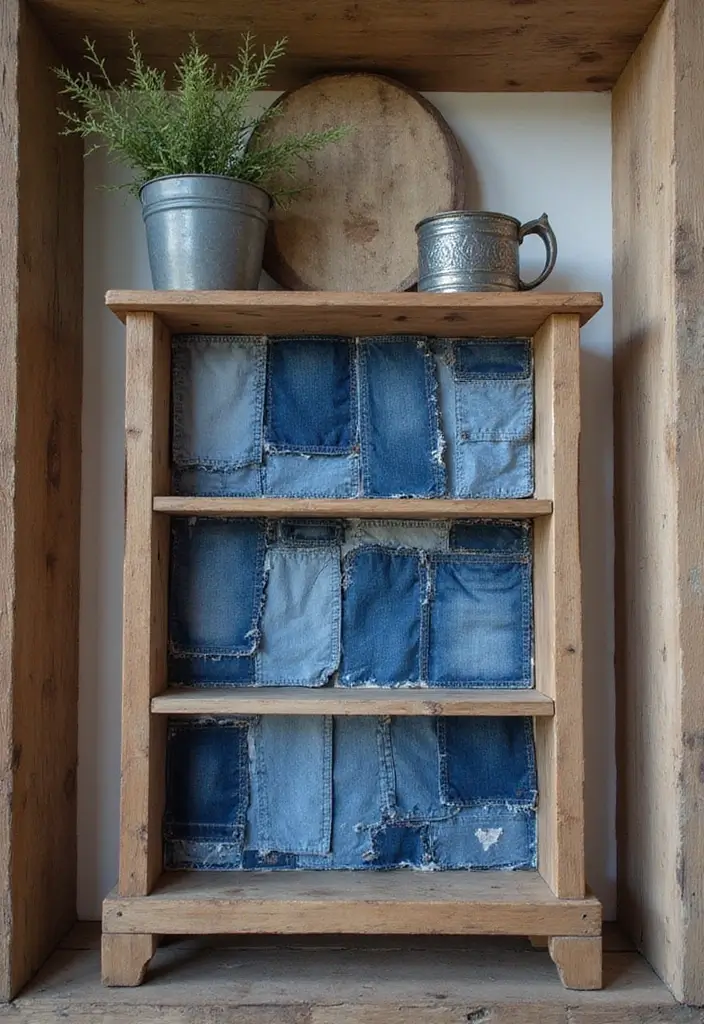 26 DIY Shelf Painting Ideas That Upgrade Your Space in Minutes - 26. Upcycled Denim Shelf