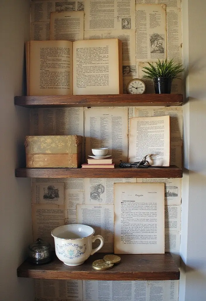 26 DIY Shelf Painting Ideas That Upgrade Your Space in Minutes - 5. Vintage Book Pages