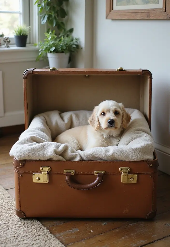 26 DIY Whelping Box Ideas That Are Safe and Comfortable - 12. Vintage Suitcase Whelping Box