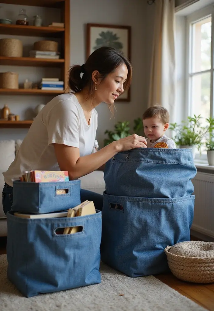 26 Jeans Decoration Ideas That Customize Your Wardrobe With Style - 2. Denim Storage Baskets