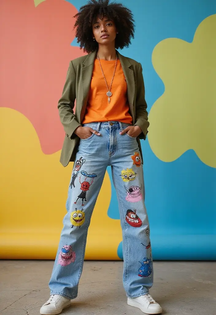 26 Jeans Painting Ideas That Customize Your Wardrobe With Style - 23. Whimsical Patterns