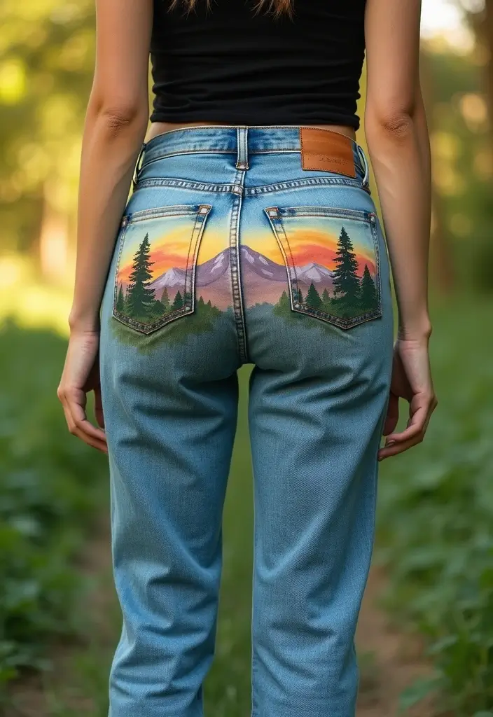26 Jeans Painting Ideas That Customize Your Wardrobe With Style - 8. Nature Scene