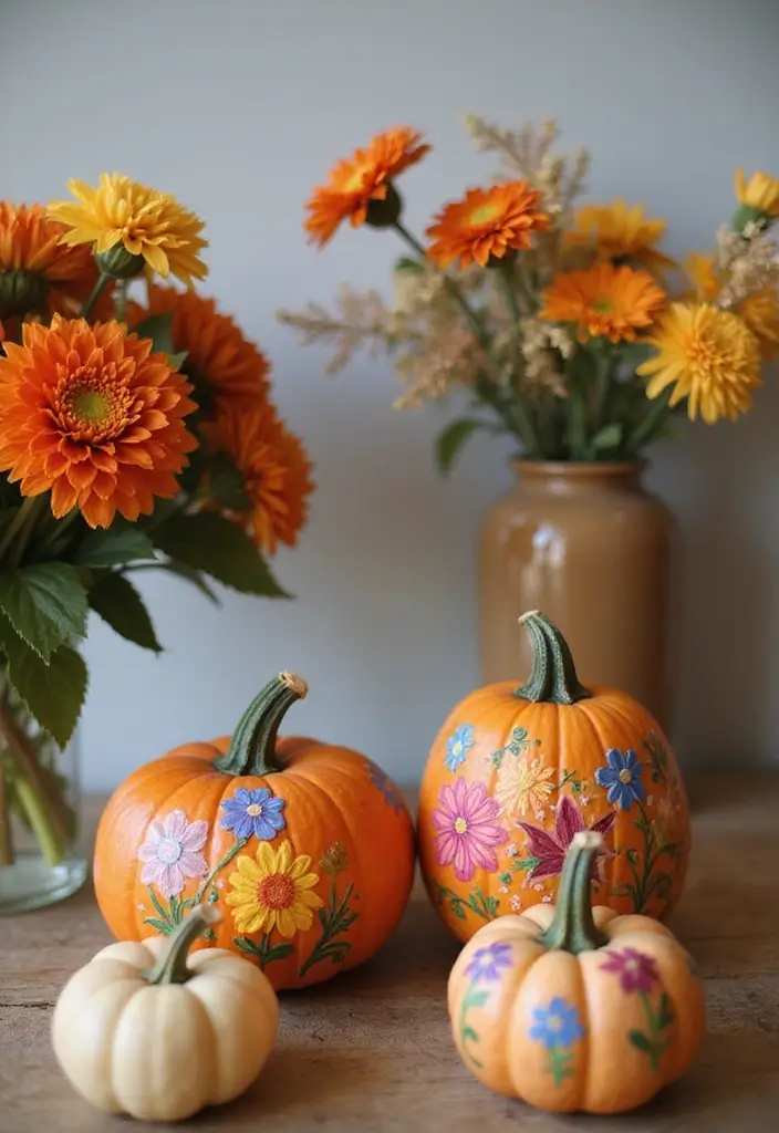 26 Mini Pumpkin Painting Ideas That Are Adorable and Perfect for Decor - 11. Floral Delight