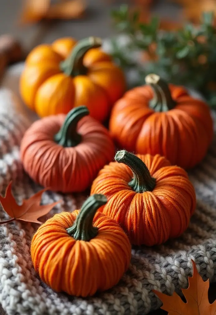 26 Mini Pumpkin Painting Ideas That Are Adorable and Perfect for Decor - 17. Textured Yarn Wrapping