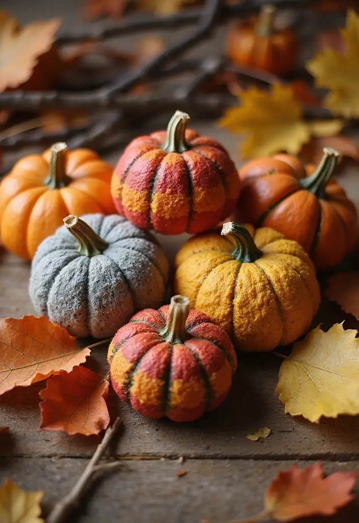 26 Mini Pumpkin Painting Ideas That Are Adorable and Perfect for Decor - 23. Quilted Fabric Pumpkins