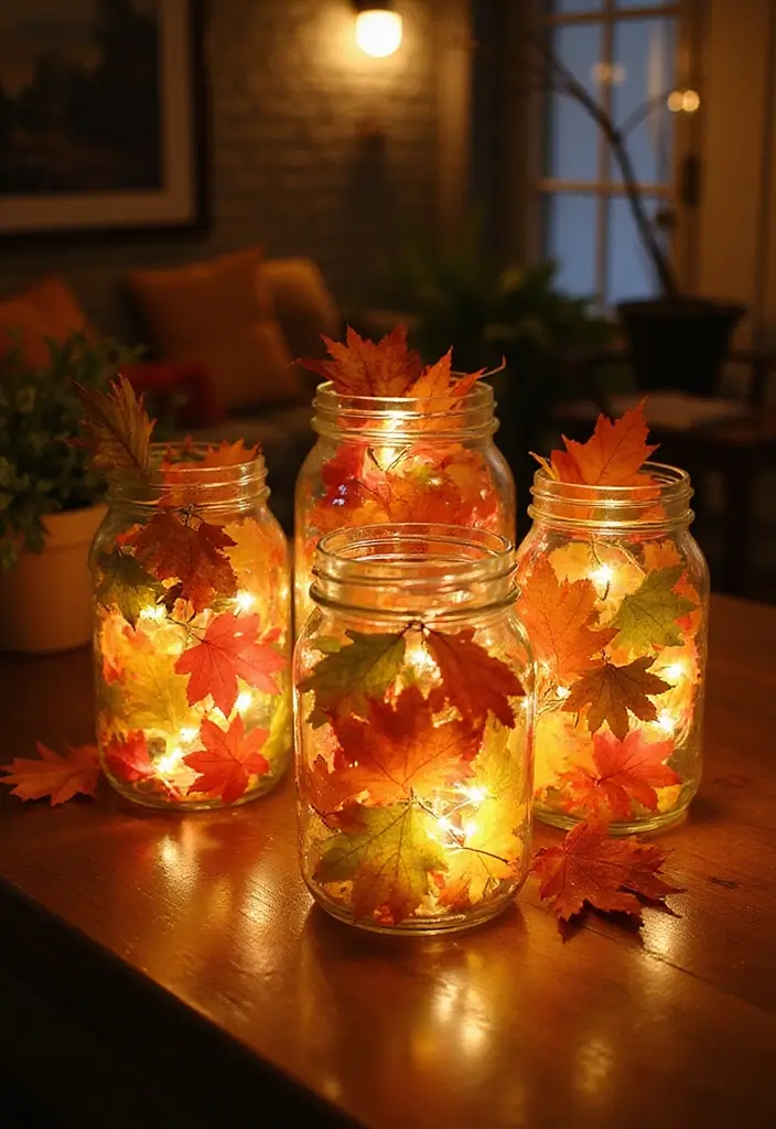26 September Craft Ideas That Celebrate The Season Creatively - 13. Decorative Jars of Fall Leaves