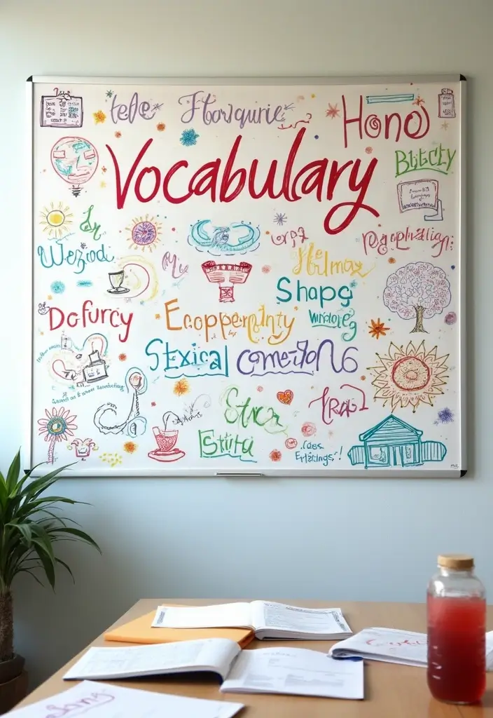 26 Whiteboard Decoration Ideas That Make Notes Fun and Colorful - 13. Creative Vocabulary Wall