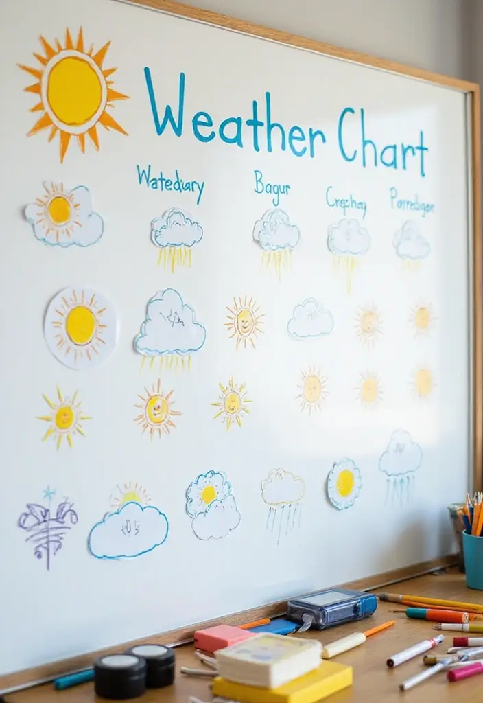 26 Whiteboard Decoration Ideas That Make Notes Fun and Colorful - 2. Interactive Weather Chart