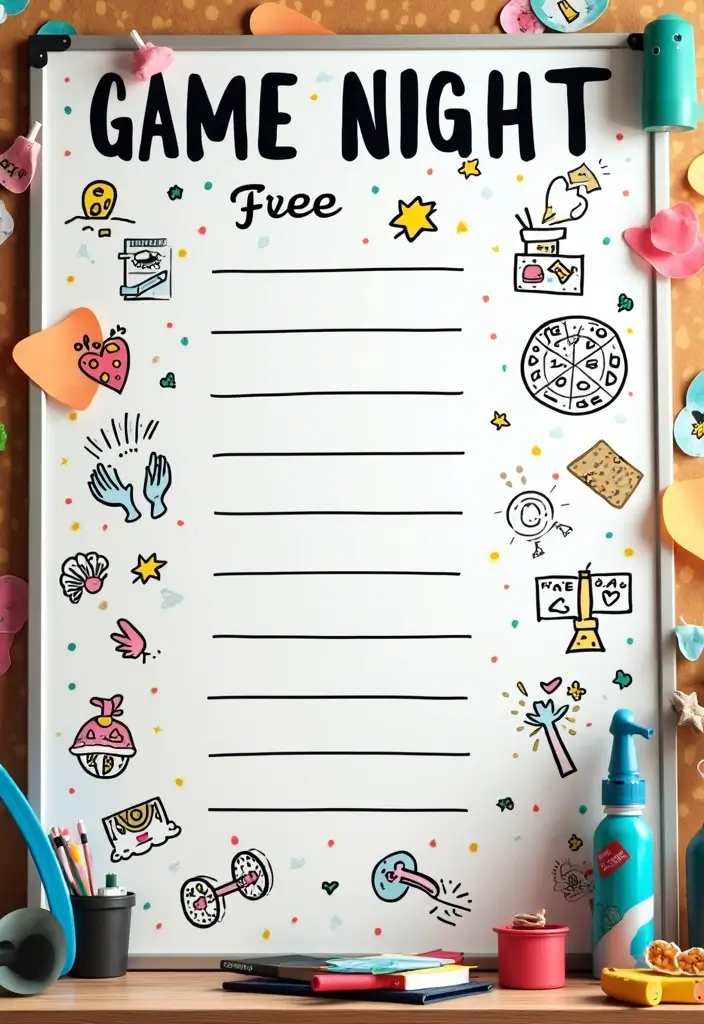 26 Whiteboard Decoration Ideas That Make Notes Fun and Colorful - 25. Game Night Planning Board