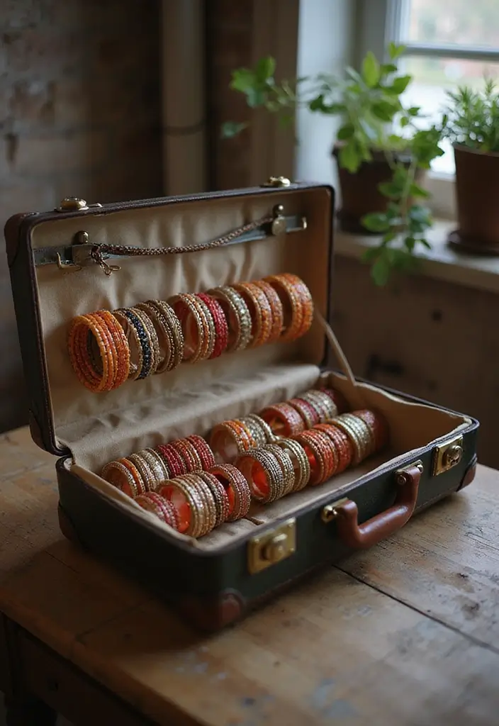 27 Bangle Decoration Ideas At Home That Make Jewelry Pop and Stylish - 11. Vintage Suitcase Display