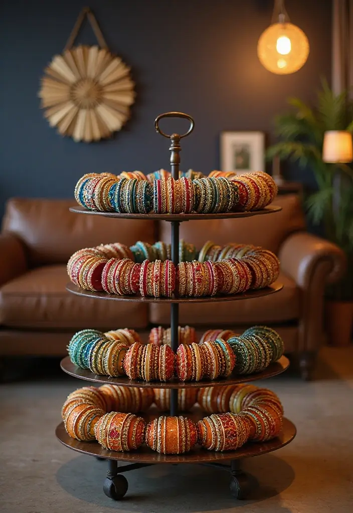 27 Bangle Decoration Ideas At Home That Make Jewelry Pop and Stylish - 15. Stylish Tiered Cart