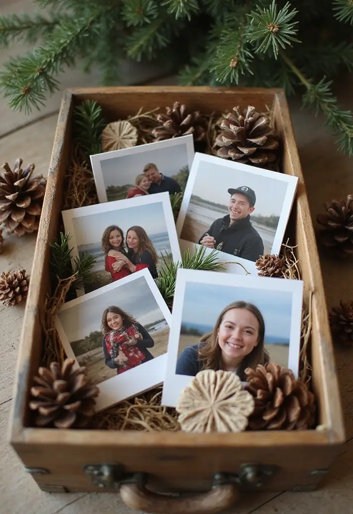 27 Christmas Photo Box Ideas That Display Holiday Memories - 18. Seasonal Photo Box with Nature Elements