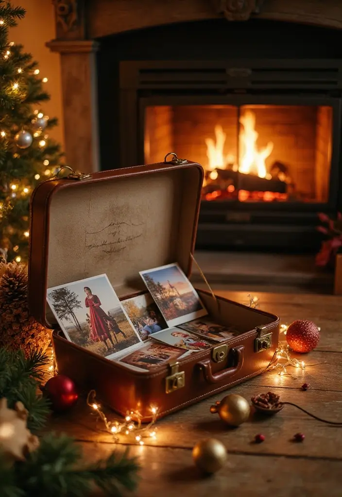 27 Christmas Photo Box Ideas That Display Holiday Memories - 2. Vintage Suitcase Memory Box