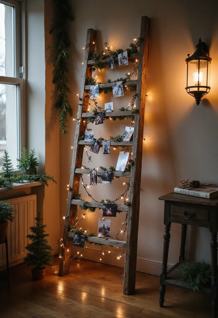 27 Christmas Photo Box Ideas That Display Holiday Memories - 6. Rustic Ladder Display