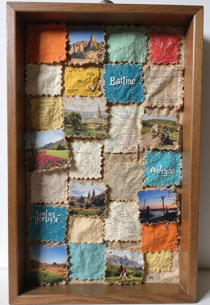 27 DIY Shadow Box Ideas That Showcase Memories Beautifully - 7. Travel Memory Quilt