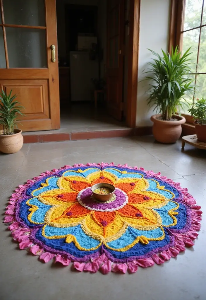 27 Diwali DIY Decoration Ideas That Make Your Festival Bright and Colorful - 2. Eco-Friendly Rangoli with Natural Dyes