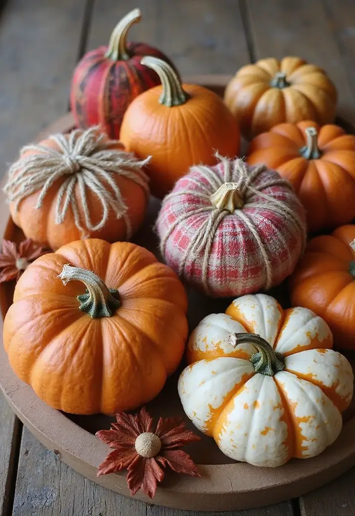 27 Fall Pumpkin Painting Ideas That Are Fun, Easy, and Festive - 18. Tie-On Fabric Pumpkins