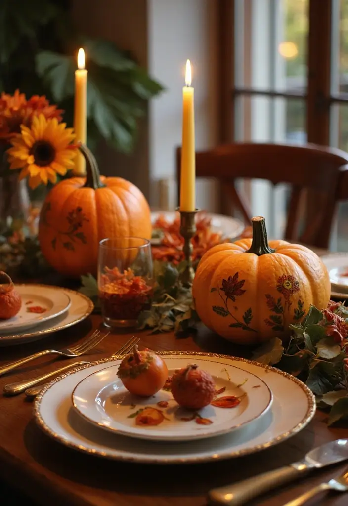 27 Fall Pumpkin Painting Ideas That Are Fun, Easy, and Festive - 19. Painted Pumpkin Centerpieces