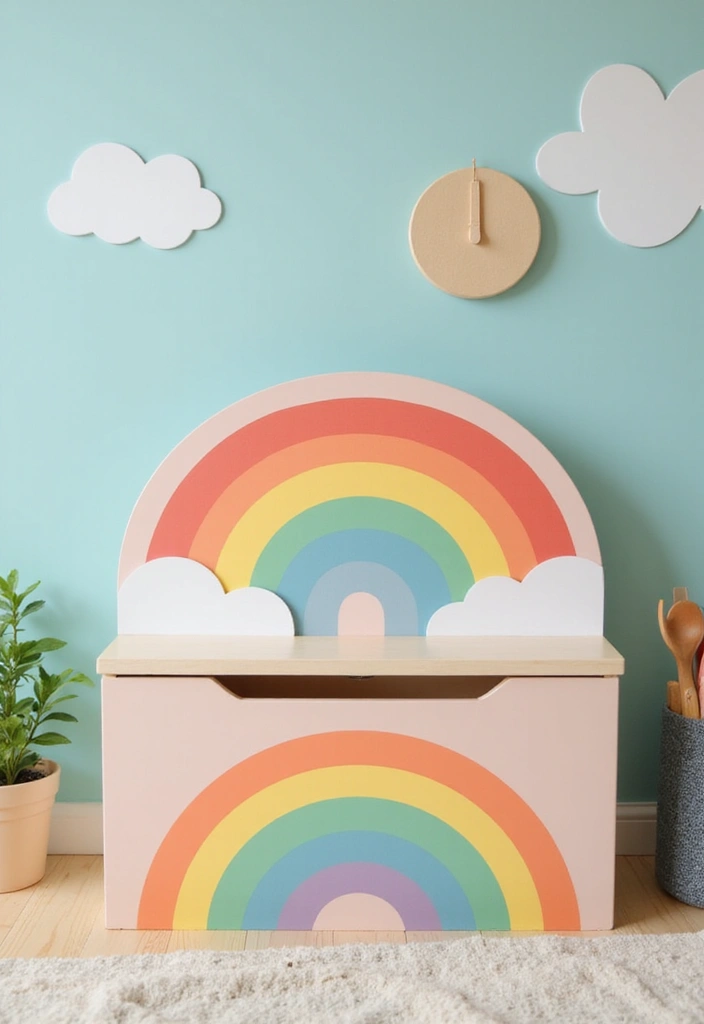 27 Painted Toy Box Ideas That Transform Ordinary Boxes Into Art 1 27 Painted Toy Box Ideas That Transform Ordinary Boxes Into Art - 1. Rainbow Dreams Toy Box
