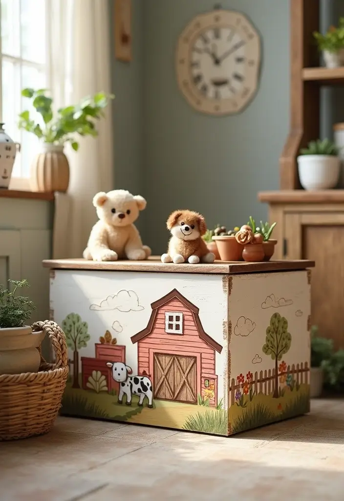 27 Painted Toy Box Ideas That Transform Ordinary Boxes Into Art 67 27 Painted Toy Box Ideas That Transform Ordinary Boxes Into Art - 13. Farmyard Fun