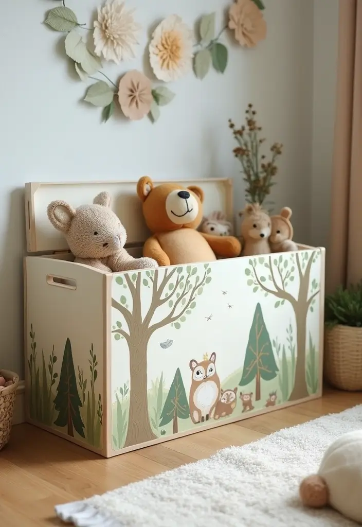 27 Painted Toy Box Ideas That Transform Ordinary Boxes Into Art 139 27 Painted Toy Box Ideas That Transform Ordinary Boxes Into Art - 25. Cozy Woodland Scene