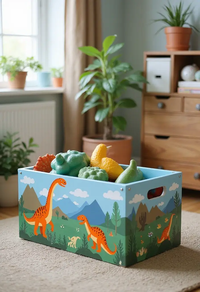 27 Painted Toy Box Ideas That Transform Ordinary Boxes Into Art 146 27 Painted Toy Box Ideas That Transform Ordinary Boxes Into Art - 26. The Journey of Dinosaurs