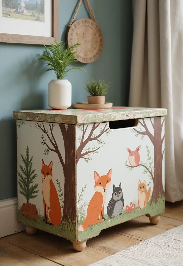 27 Painted Toy Box Ideas That Transform Ordinary Boxes Into Art 15 27 Painted Toy Box Ideas That Transform Ordinary Boxes Into Art - 3. Whimsical Forest Creatures