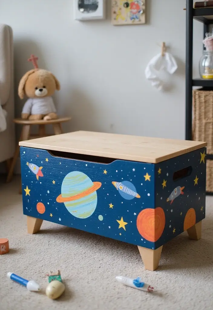 27 Painted Toy Box Ideas That Transform Ordinary Boxes Into Art 30 27 Painted Toy Box Ideas That Transform Ordinary Boxes Into Art - 6. Space Adventure Toy Box