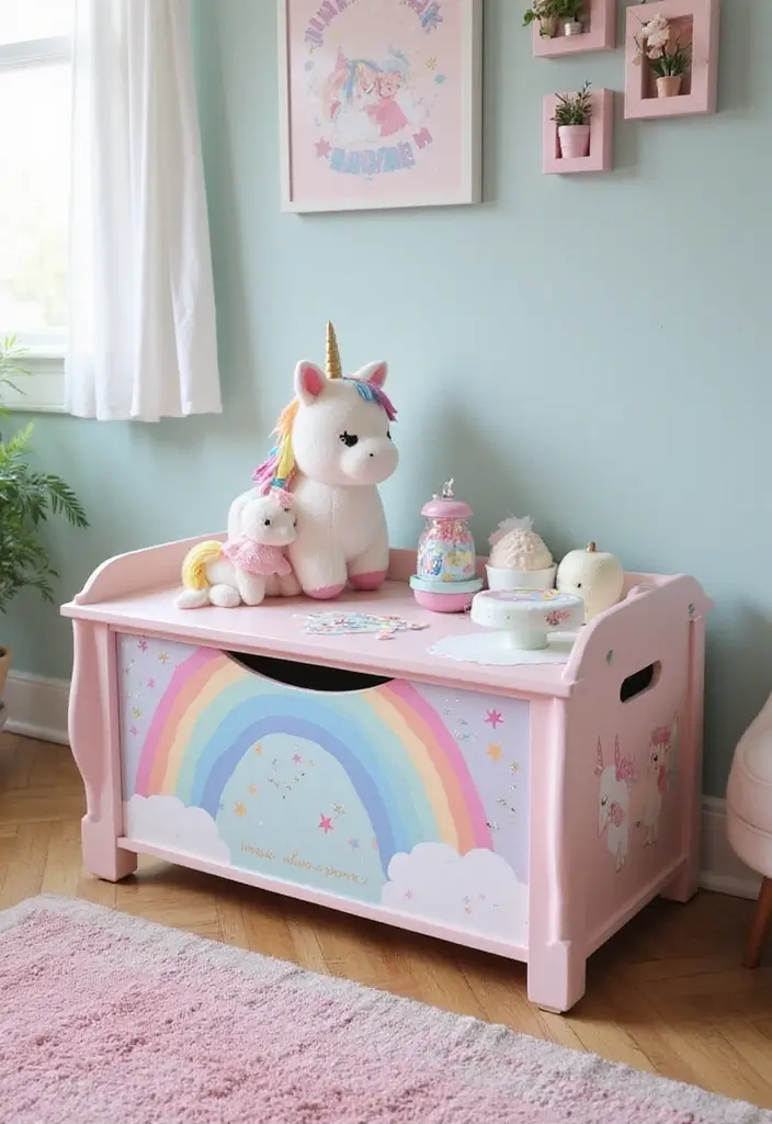 27 Painted Toy Box Ideas That Transform Ordinary Boxes Into Art 38 27 Painted Toy Box Ideas That Transform Ordinary Boxes Into Art - 8. Magical Unicorn Haven