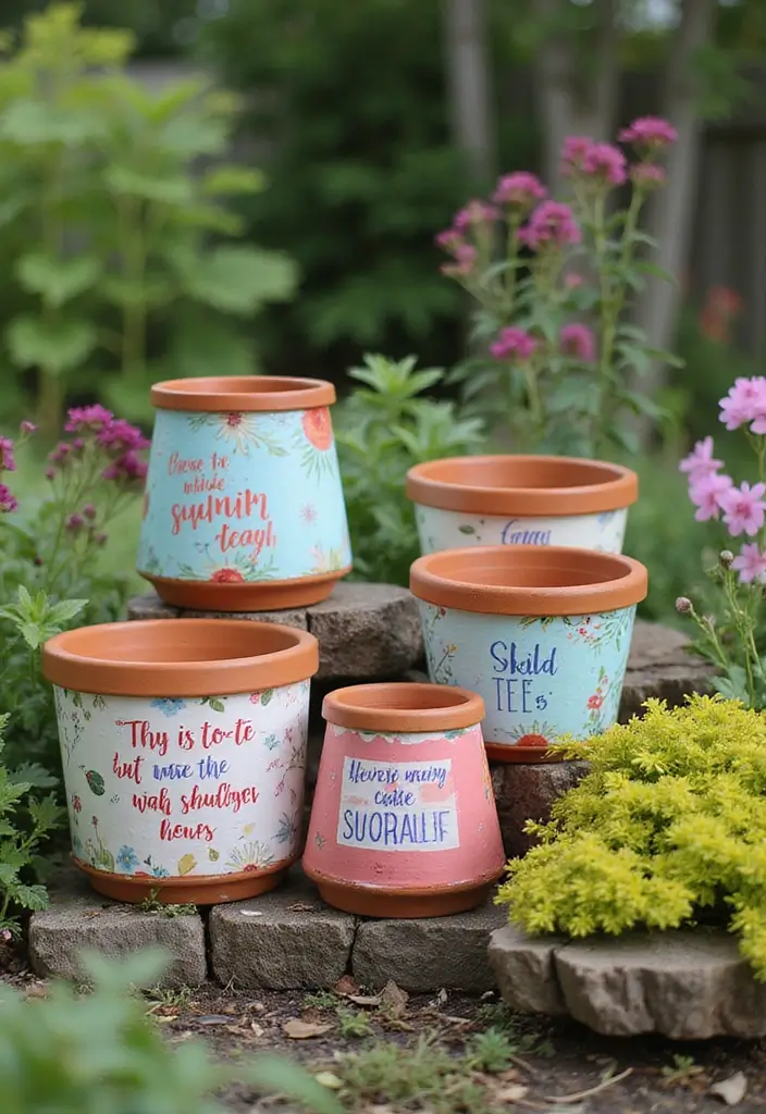27 Planter Pot Painting Ideas That Make Your Garden Look Amazing - 11. Inspirational Quote Pots