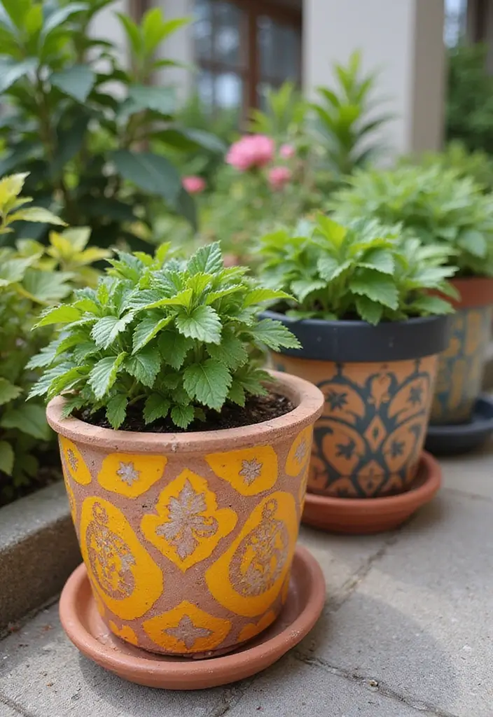27 Planter Pot Painting Ideas That Make Your Garden Look Amazing - 17. Stenciled Patterns