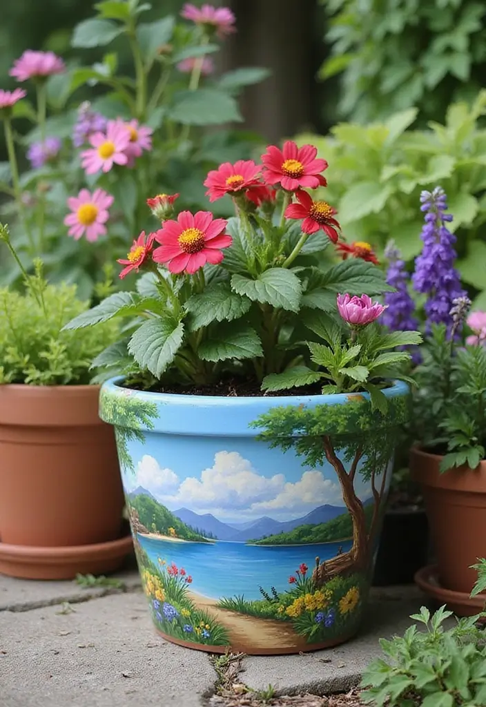 27 Planter Pot Painting Ideas That Make Your Garden Look Amazing - 26. Nature-Inspired Scenic Pots