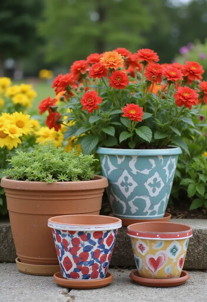 27 Planter Pot Painting Ideas That Make Your Garden Look Amazing - 4. Geometric Pattern Pots