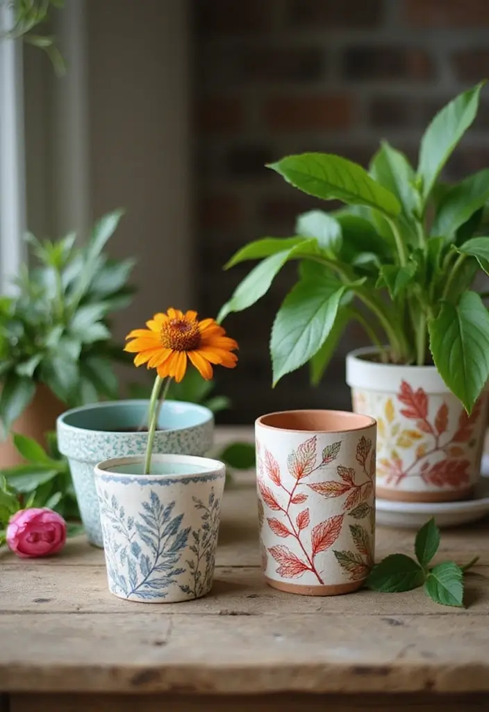 27 Planter Pot Painting Ideas That Make Your Garden Look Amazing - 5. Nature-Inspired Leaf Prints