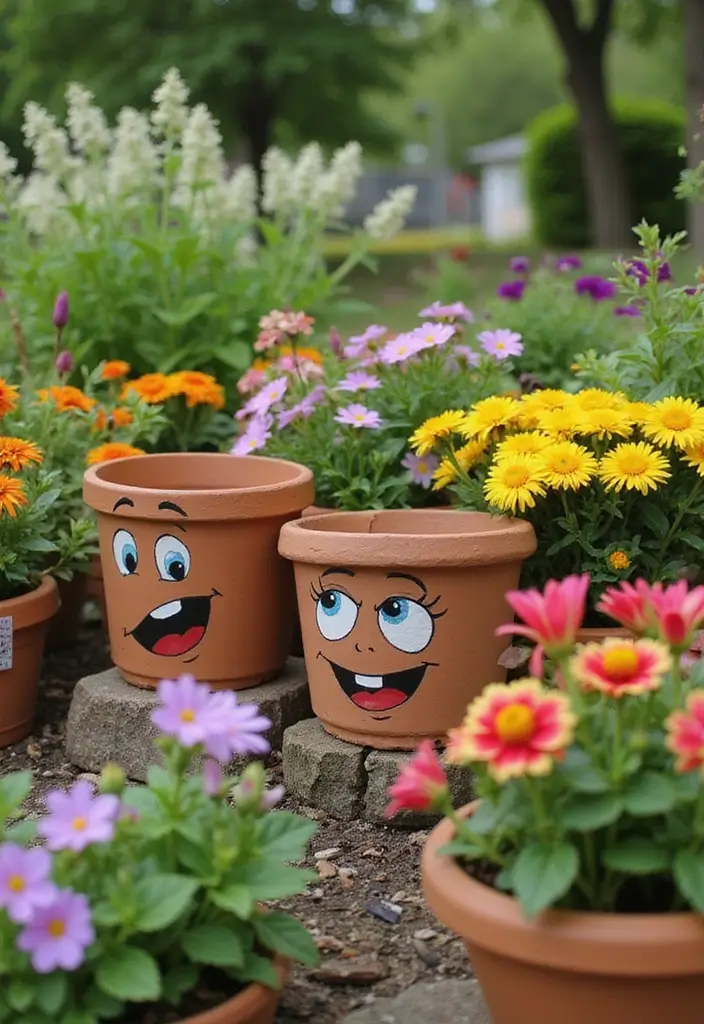 27 Planter Pot Painting Ideas That Make Your Garden Look Amazing - 8. Funky Faces Planters