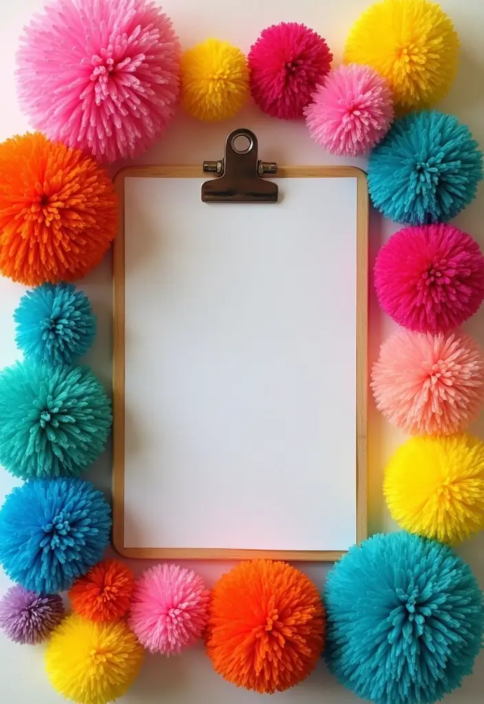 27 Tag Board Decoration Ideas That Are Perfect For Creative Projects - 10. Colorful Pom-Pom Accents