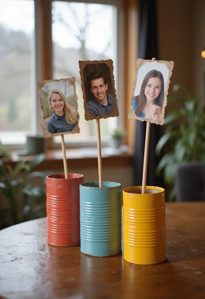 27 Tin Can Painting Ideas That Turn Trash Into Fun Decor Projects - 12. Customizable Photo Holders