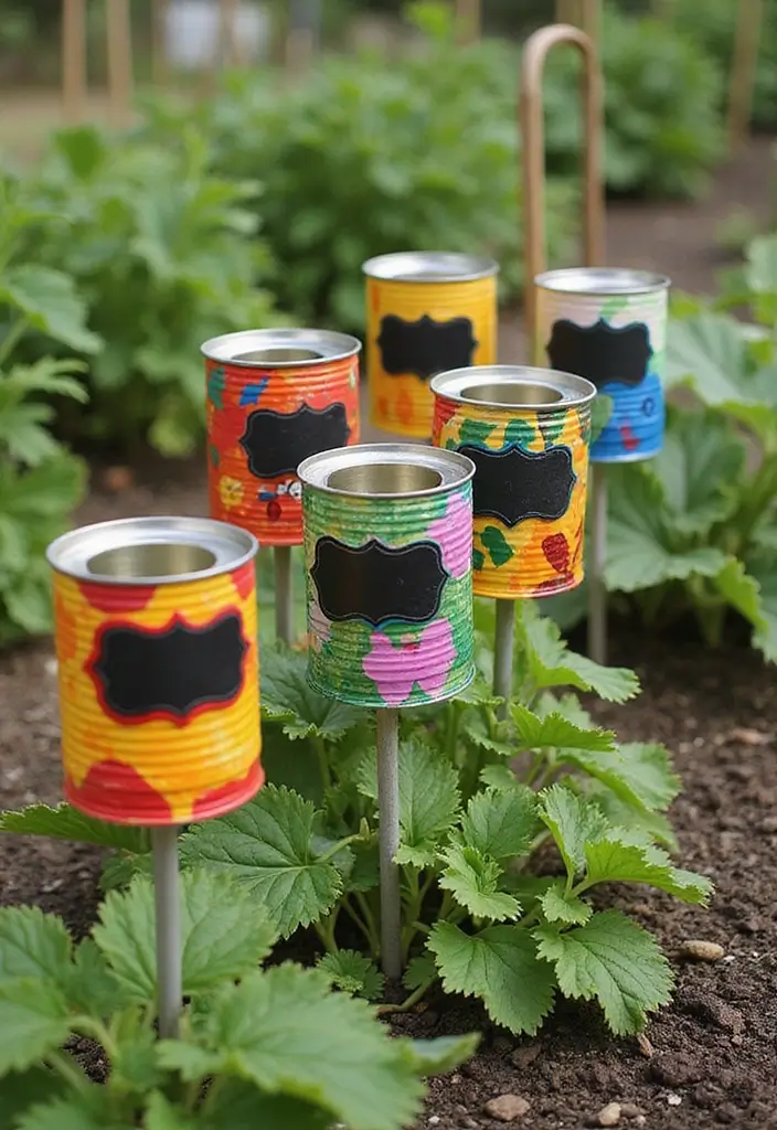 27 Tin Can Painting Ideas That Turn Trash Into Fun Decor Projects - 8. Playful Garden Markers