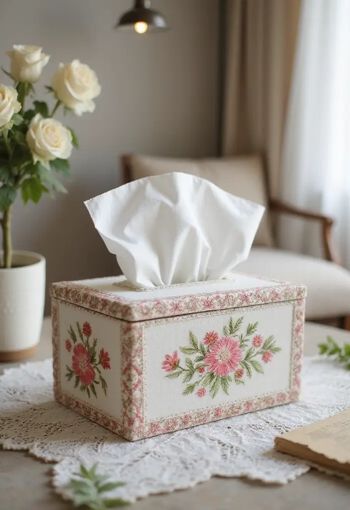 27 Tissue Box Ideas That Turn Everyday Items Into Cute Decor - 11. Embroidered Tissue Box Cover
