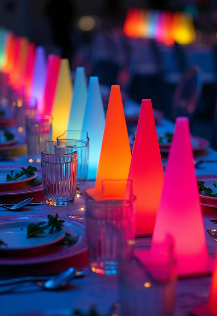 27 Traffic Cone Decoration Ideas That Make Events Fun and Eye-Catching - 1. Neon Cone Centerpieces