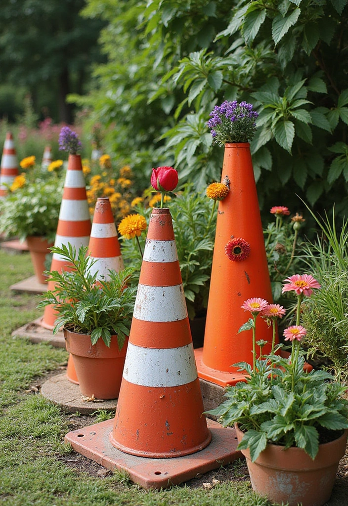 27 Traffic Cone Decoration Ideas That Make Events Fun and Eye-Catching - 2. Traffic Cone Planters