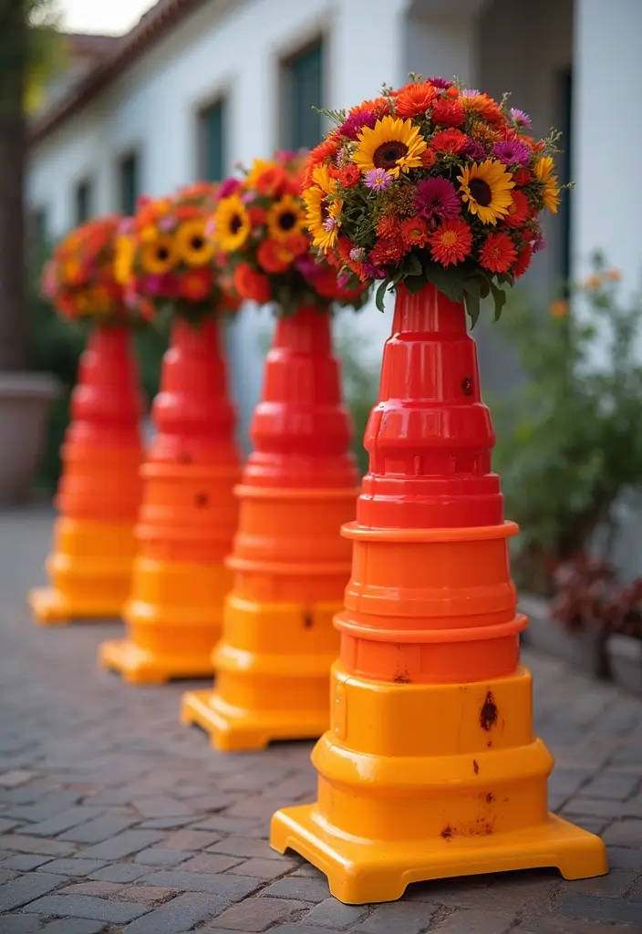 27 Traffic Cone Decoration Ideas That Make Events Fun and Eye-Catching - 24. Traffic Cone Centerpiece Towers