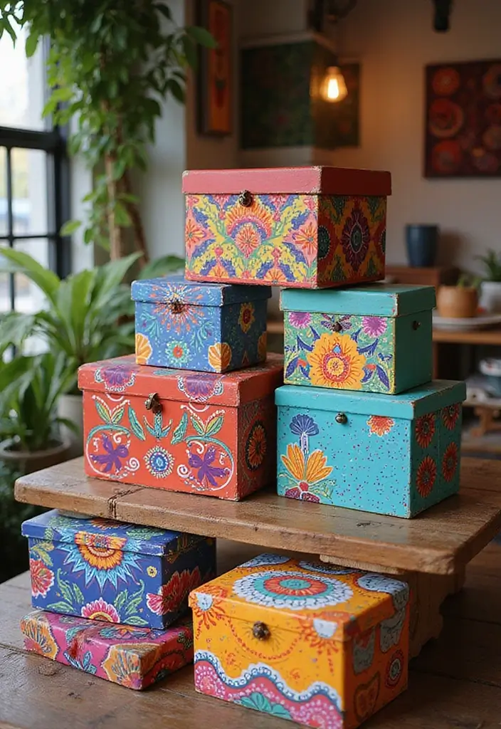 27 Wooden Box Painting Ideas That Make Storage Stylish and Creative - 2. Bright Bohemian Vibes