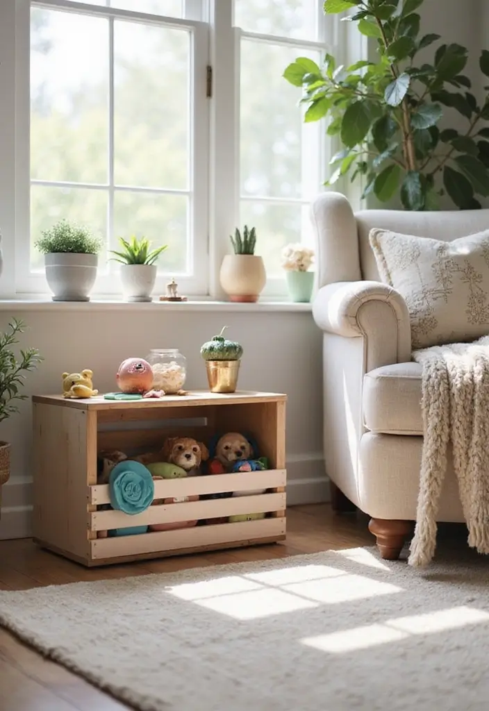 27 Wooden Crate Painting Ideas That Make Storage Functional and Pretty - 18. DIY Pet Toy Storage