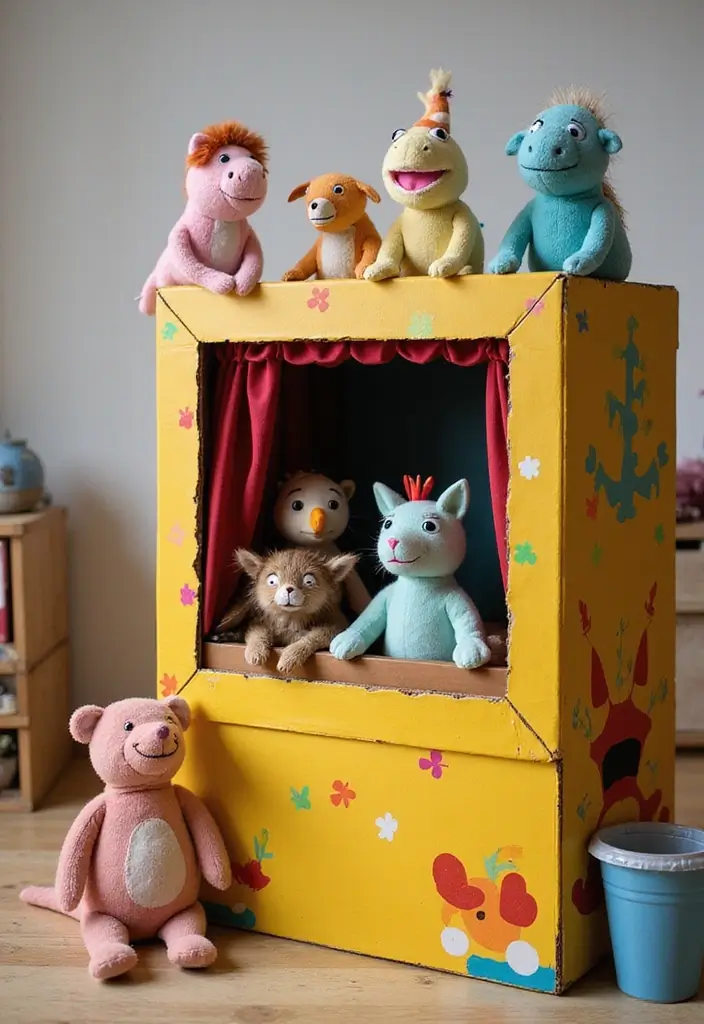 28 DIY Cardboard Box Ideas That Transform Recycled Materials - 2. Playful Cardboard Puppet Theater