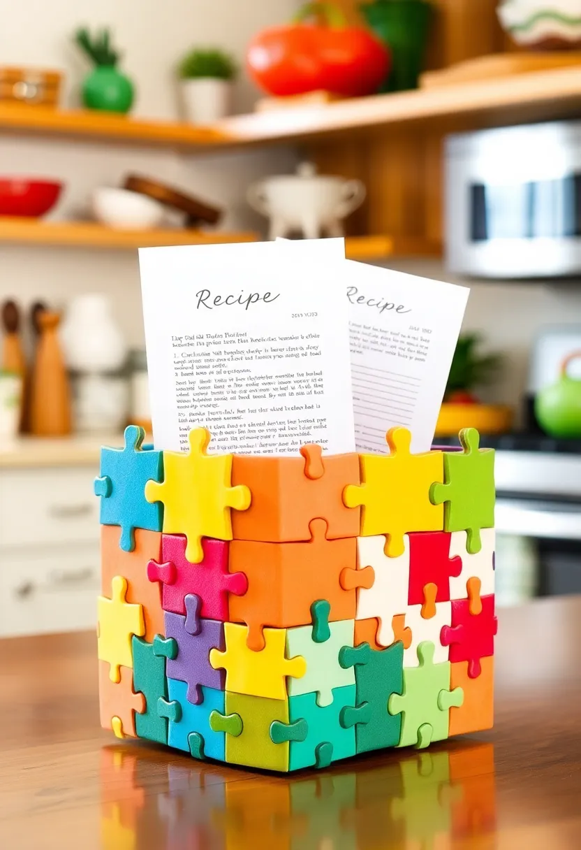 28 DIY Recipe Box Ideas That Keep Family Recipes Organized - 25. Puzzle Piece Recipe Holder